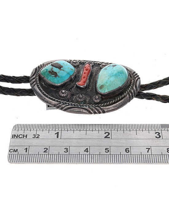 Navajo Sterling Silver Turquoise & Coral Bolo Tie
